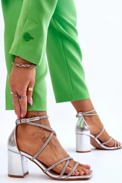 Boto Sandały Na Obcasie*Skórzane Damskie Sandały Z Cyrkoniami Na Obcasie Srebrne Liviano