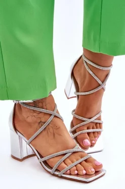 Boto Sandały Na Obcasie*Skórzane Damskie Sandały Z Cyrkoniami Na Obcasie Srebrne Liviano