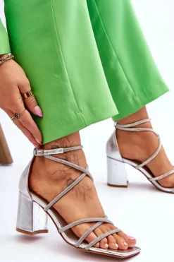 Boto Sandały Na Obcasie*Skórzane Damskie Sandały Z Cyrkoniami Na Obcasie Srebrne Liviano