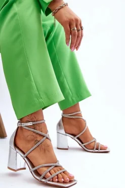 Boto Sandały Na Obcasie*Skórzane Damskie Sandały Z Cyrkoniami Na Obcasie Srebrne Liviano