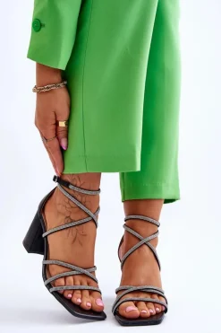 Sale Boto Skórzane Damskie Sandały Z Cyrkoniami Na Obcasie Czarne Liviano