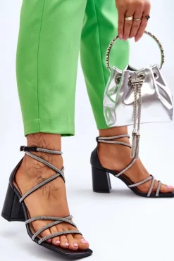 Sale Boto Skórzane Damskie Sandały Z Cyrkoniami Na Obcasie Czarne Liviano