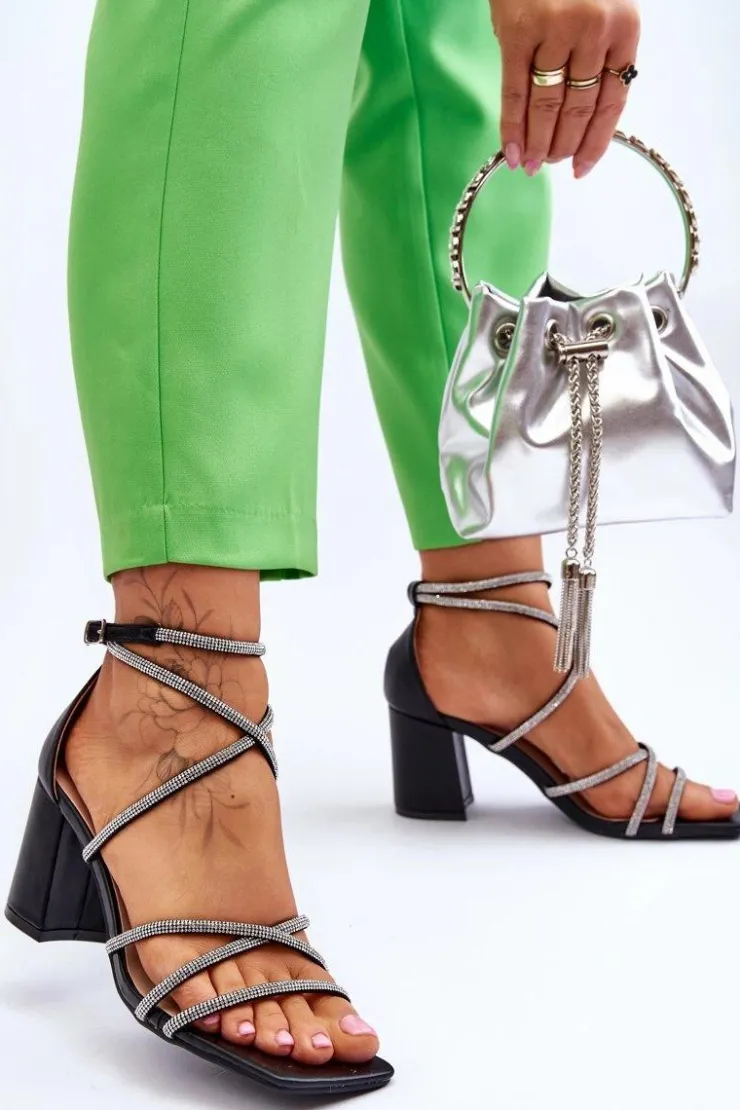 Sale Boto Skórzane Damskie Sandały Z Cyrkoniami Na Obcasie Czarne Liviano