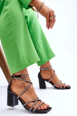 Sale Boto Skórzane Damskie Sandały Z Cyrkoniami Na Obcasie Czarne Liviano