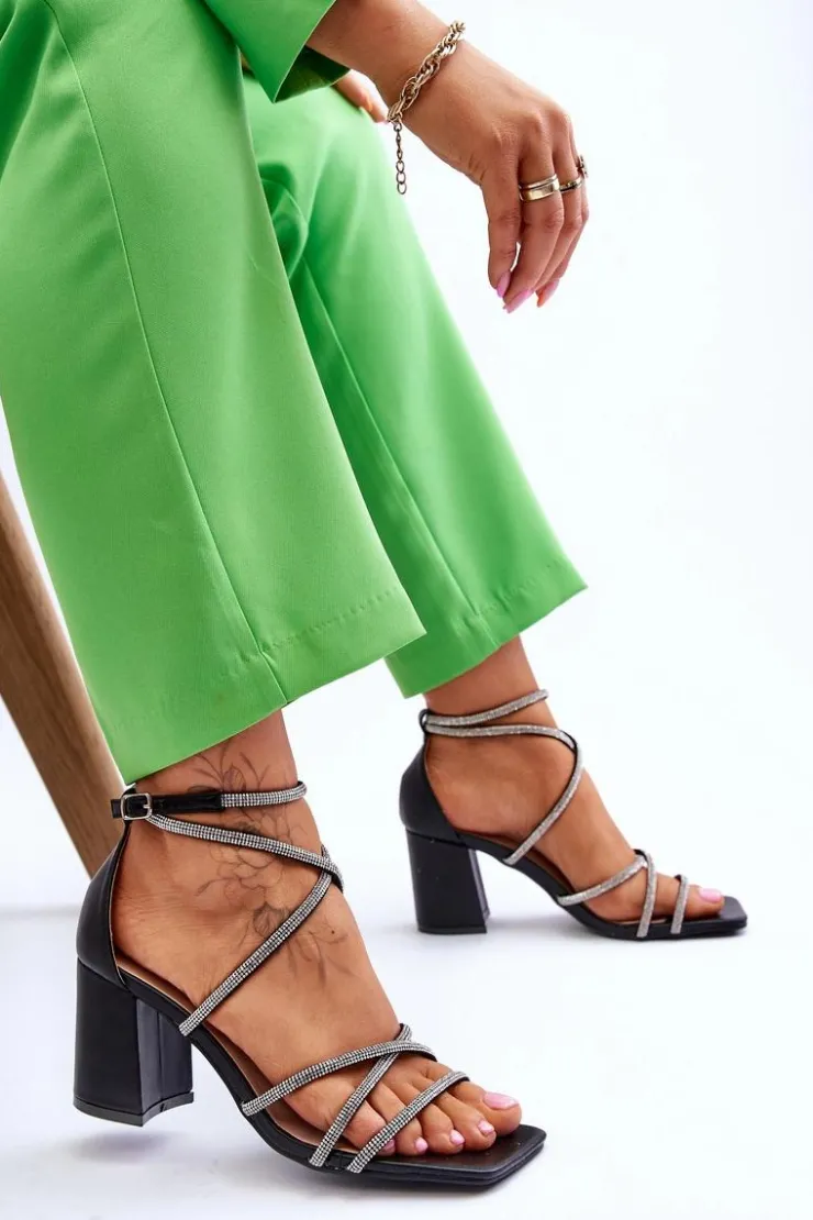 Sale Boto Skórzane Damskie Sandały Z Cyrkoniami Na Obcasie Czarne Liviano