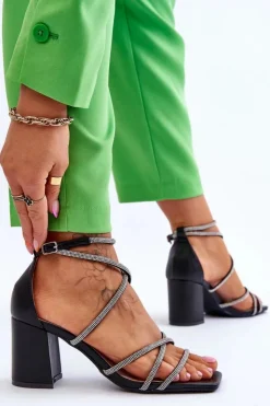 Sale Boto Skórzane Damskie Sandały Z Cyrkoniami Na Obcasie Czarne Liviano