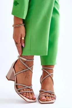 Damskie Boto Skórzane Damskie Sandały Z Cyrkoniami Na Obcasie Beżowe Liviano