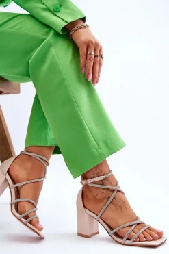 Damskie Boto Skórzane Damskie Sandały Z Cyrkoniami Na Obcasie Beżowe Liviano