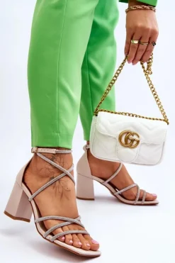 Damskie Boto Skórzane Damskie Sandały Z Cyrkoniami Na Obcasie Beżowe Liviano