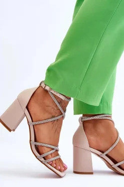 Damskie Boto Skórzane Damskie Sandały Z Cyrkoniami Na Obcasie Beżowe Liviano