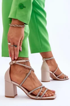 Damskie Boto Skórzane Damskie Sandały Z Cyrkoniami Na Obcasie Beżowe Liviano