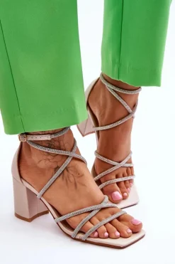 Damskie Boto Skórzane Damskie Sandały Z Cyrkoniami Na Obcasie Beżowe Liviano