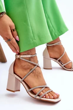 Damskie Boto Skórzane Damskie Sandały Z Cyrkoniami Na Obcasie Beżowe Liviano