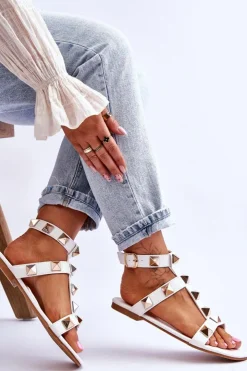 Damskie Boto Skórzane Damskie Sandały Z Dużymi Ćwiekami Białe Mishigan