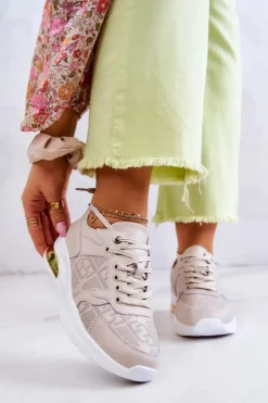 Damskie buty S.Barski Sneakersy Damskie*Skórzane Damskie Sneakersy Na Koturnie Beżowe Phiness