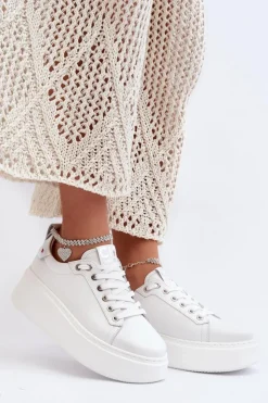 CheBello Buty Sportowe Na Platformie*Skórzane Damskie Sneakersy Z Bransoletą 4406 Białe