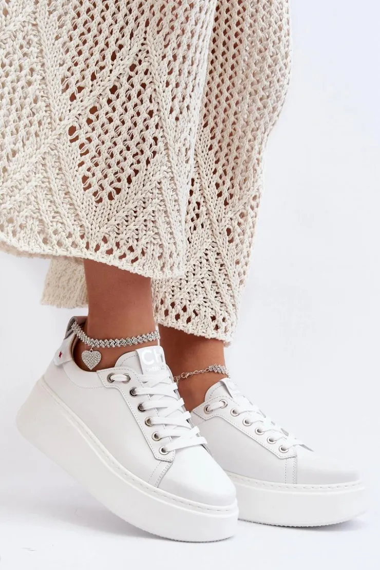 CheBello Buty Sportowe Na Platformie*Skórzane Damskie Sneakersy Z Bransoletą 4406 Białe