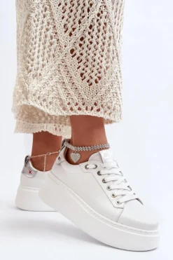CheBello Buty Sportowe Na Platformie*Skórzane Damskie Sneakersy Z Bransoletą 4406 Białe