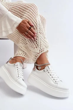 CheBello Buty Sportowe Na Platformie*Skórzane Damskie Sneakersy Z Bransoletą 4406 Białe