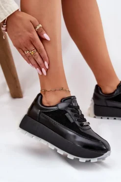 Damskie Big Star Shoes Skórzane Damskie Sneakersy Na Platformie Big Star RR274873 HI-POLY SYSTEM Czarne