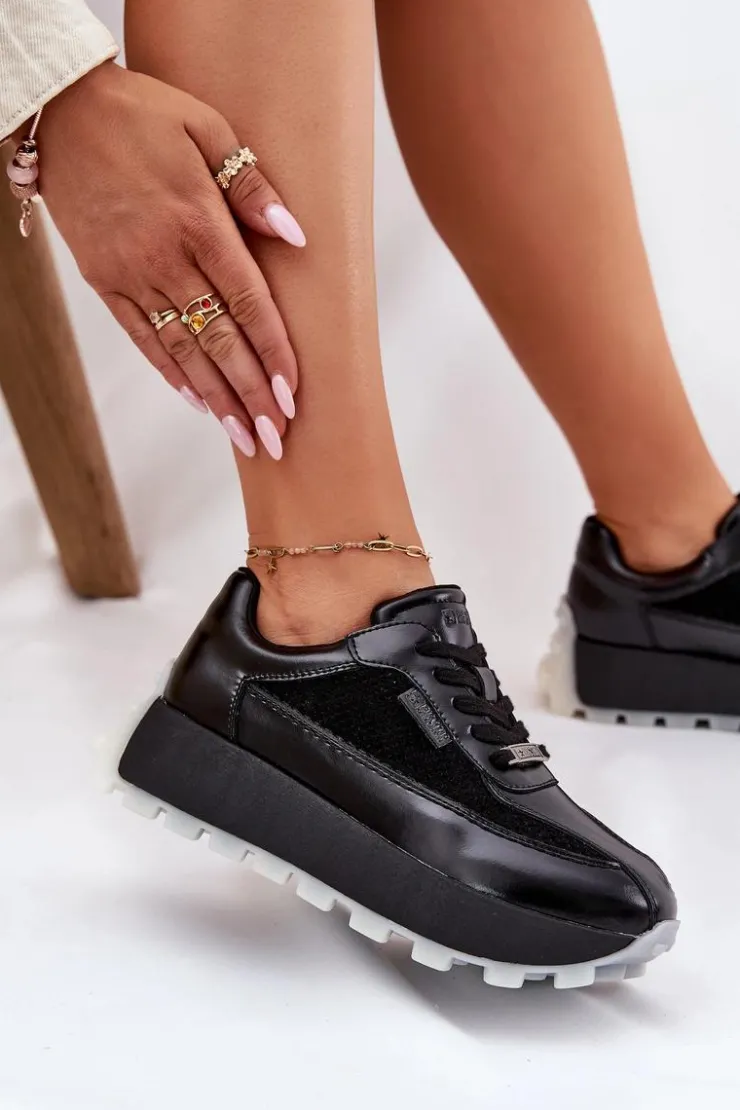 Damskie Big Star Shoes Skórzane Damskie Sneakersy Na Platformie Big Star RR274873 HI-POLY SYSTEM Czarne