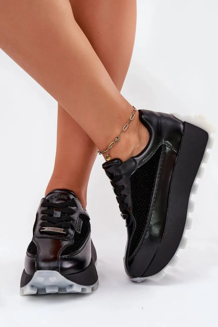 Damskie Big Star Shoes Skórzane Damskie Sneakersy Na Platformie Big Star RR274873 HI-POLY SYSTEM Czarne