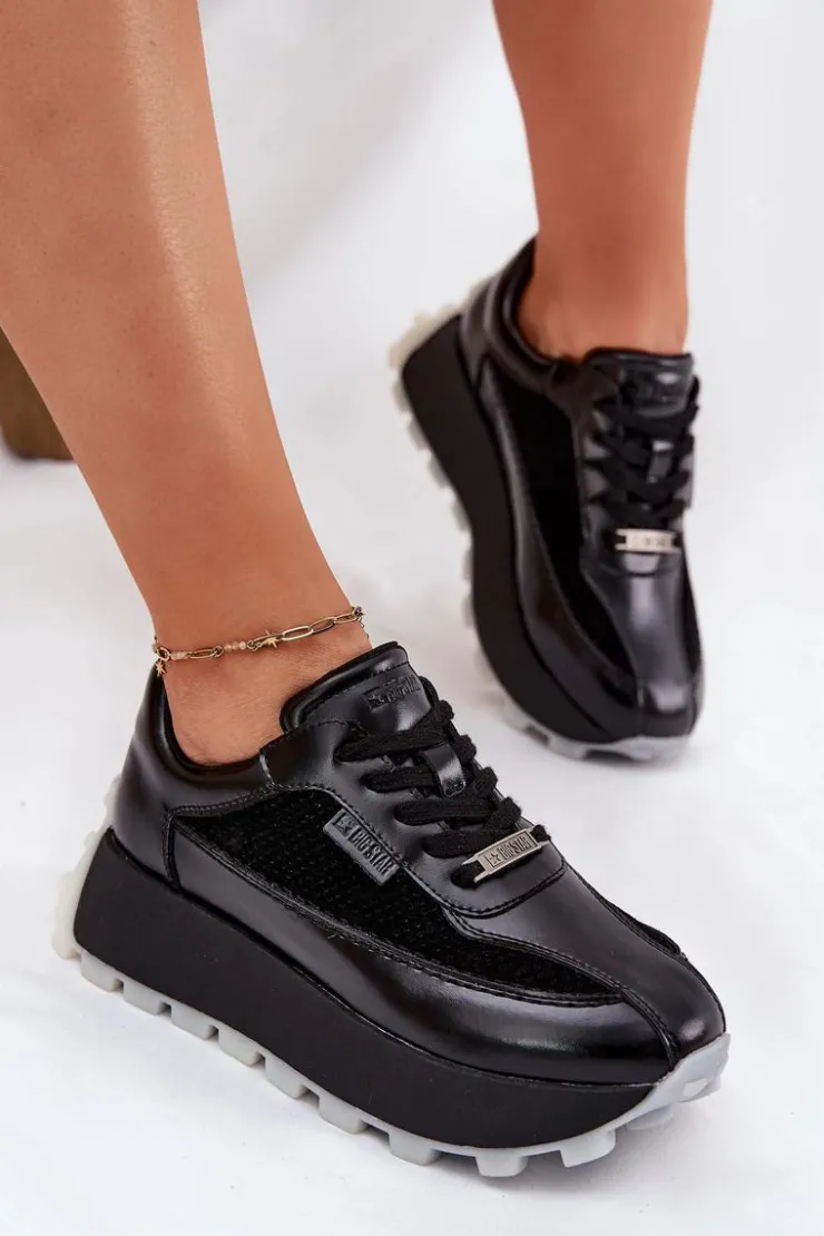 Damskie Big Star Shoes Skórzane Damskie Sneakersy Na Platformie Big Star RR274873 HI-POLY SYSTEM Czarne