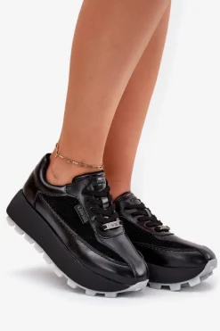 Damskie Big Star Shoes Skórzane Damskie Sneakersy Na Platformie Big Star RR274873 HI-POLY SYSTEM Czarne