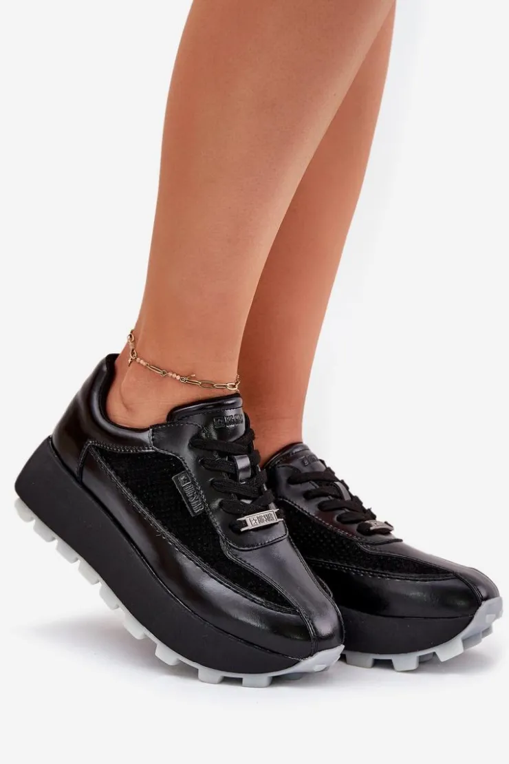 Damskie Big Star Shoes Skórzane Damskie Sneakersy Na Platformie Big Star RR274873 HI-POLY SYSTEM Czarne