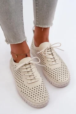 Boto Trampki Damskie Niskie*Skórzane Damskie Trampki Z Ażurowym Wzorem Beżowe Ilvima