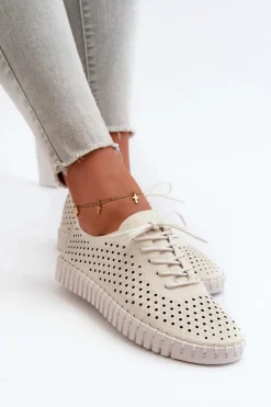 Boto Trampki Damskie Niskie*Skórzane Damskie Trampki Z Ażurowym Wzorem Beżowe Ilvima