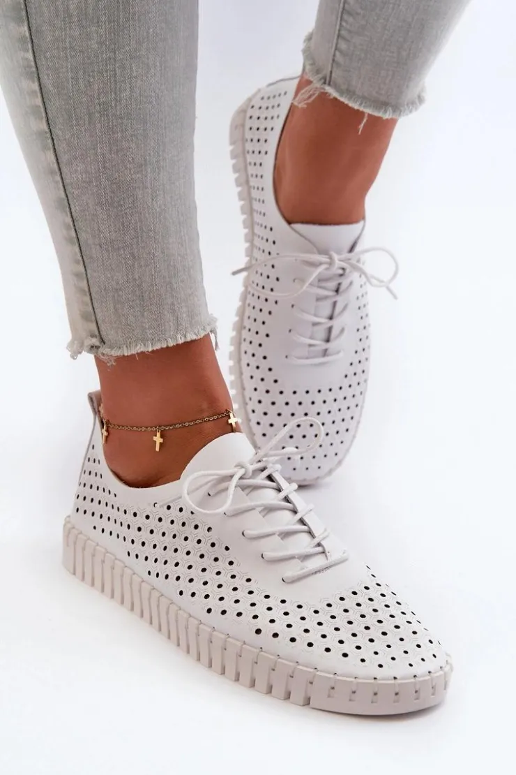 Clearance Boto Skórzane Damskie Trampki Z Ażurowym Wzorem Białe Ilvima