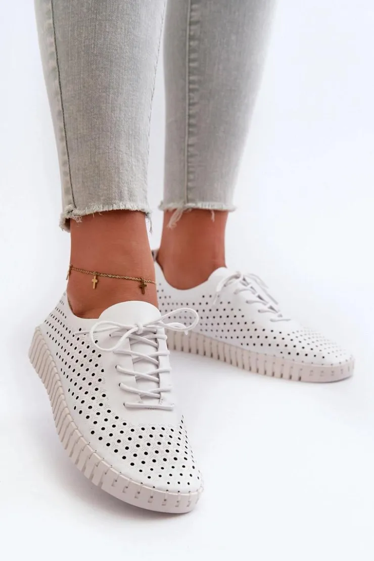 Clearance Boto Skórzane Damskie Trampki Z Ażurowym Wzorem Białe Ilvima