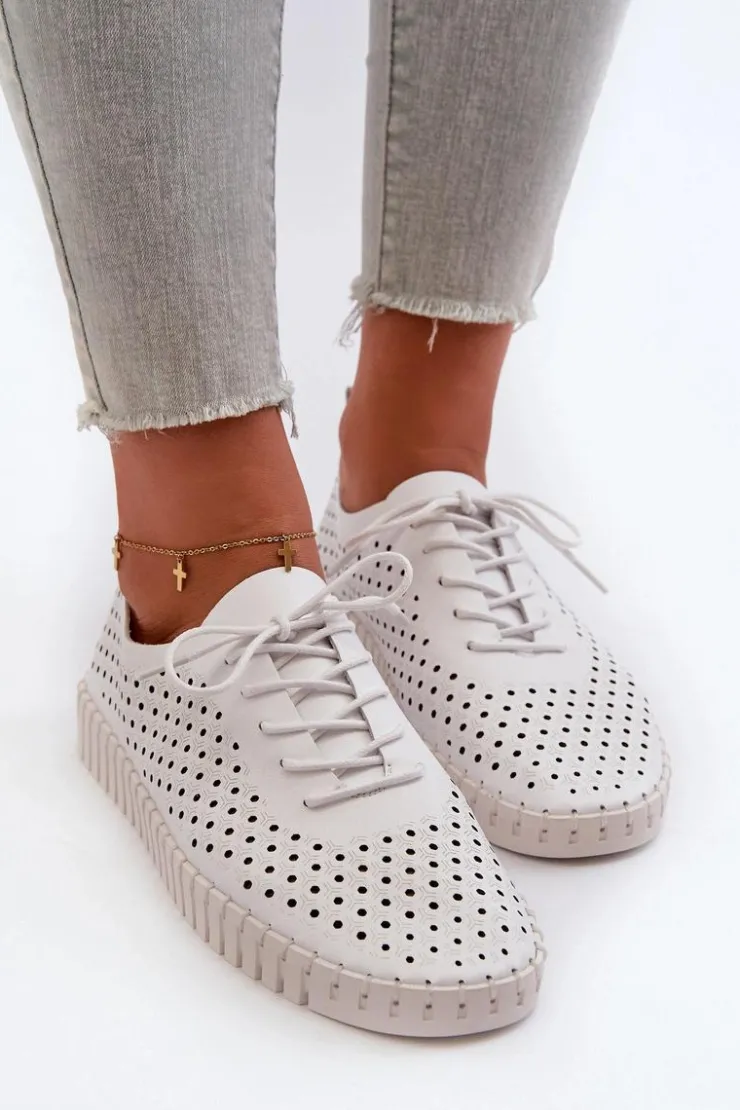 Clearance Boto Skórzane Damskie Trampki Z Ażurowym Wzorem Białe Ilvima