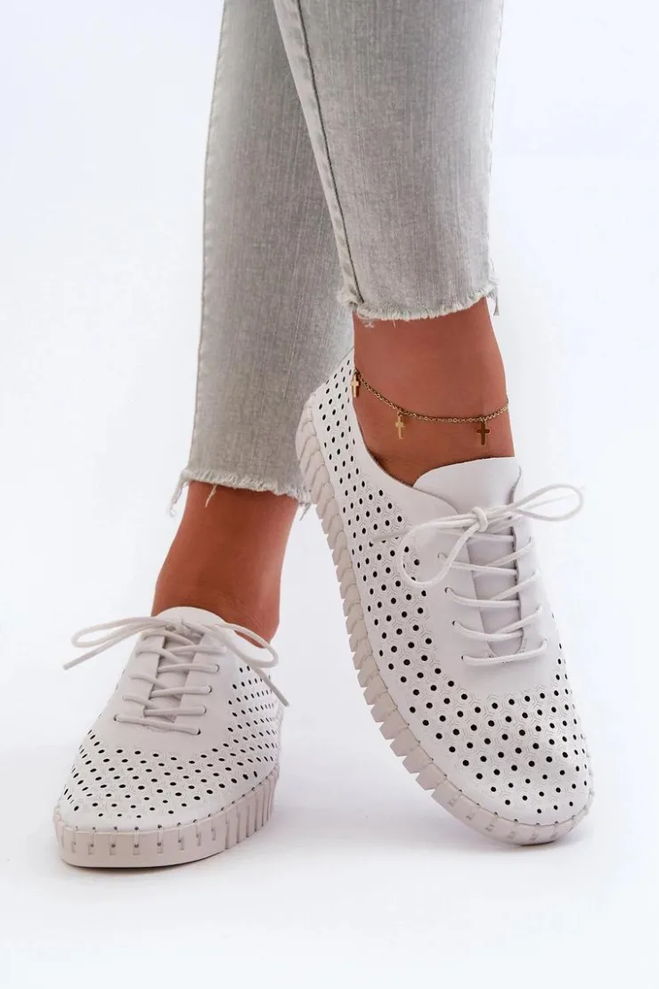 Clearance Boto Skórzane Damskie Trampki Z Ażurowym Wzorem Białe Ilvima