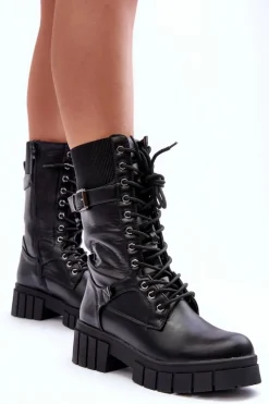 Boto Damskie Trapery|Botki Sznurowane*Skórzane Damskie Wysokie Botki Workery Czarne Madit