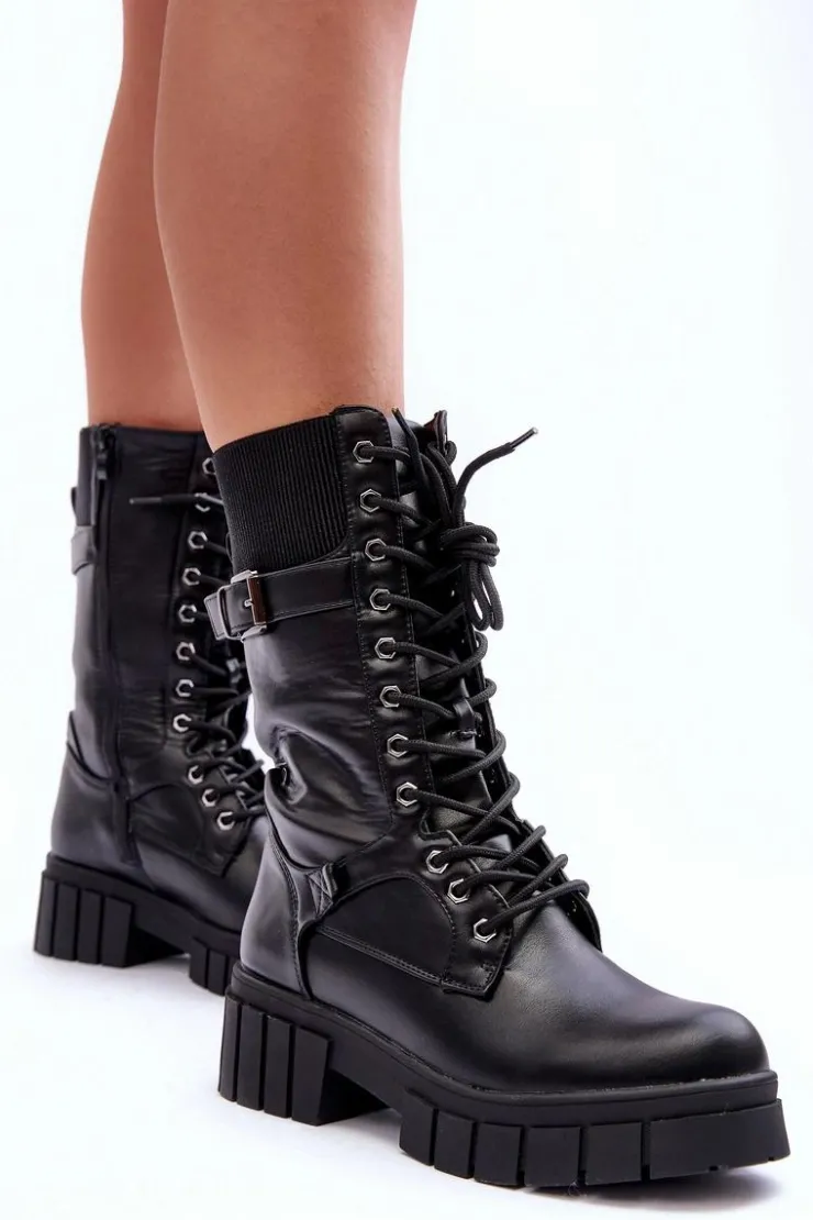 Boto Damskie Trapery|Botki Sznurowane*Skórzane Damskie Wysokie Botki Workery Czarne Madit