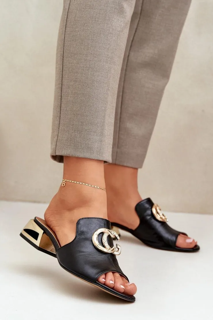 Damskie Laura Messi Skórzane Eleganckie Klapki Damskie Na Niskim Obcasie 2874 Czarne