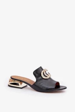 Damskie Laura Messi Skórzane Eleganckie Klapki Damskie Na Niskim Obcasie 2874 Czarne