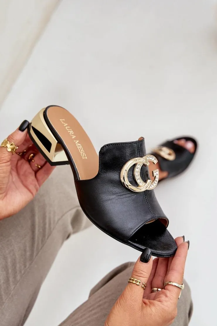 Damskie Laura Messi Skórzane Eleganckie Klapki Damskie Na Niskim Obcasie 2874 Czarne