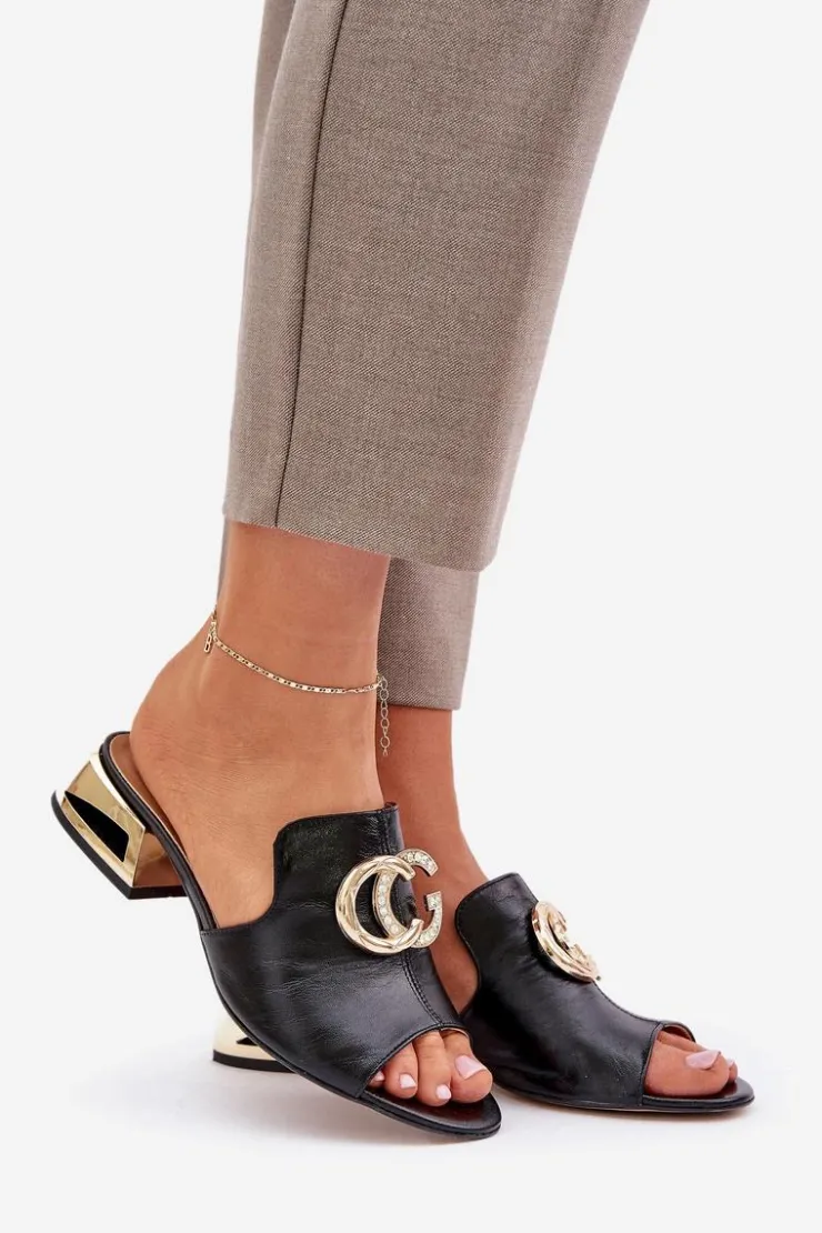 Damskie Laura Messi Skórzane Eleganckie Klapki Damskie Na Niskim Obcasie 2874 Czarne