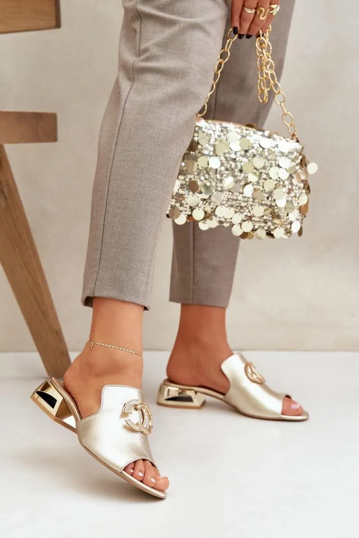 Damskie Laura Messi Skórzane Eleganckie Klapki Damskie Na Niskim Obcasie 2874 Złote