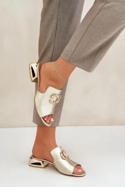 Damskie Laura Messi Skórzane Eleganckie Klapki Damskie Na Niskim Obcasie 2874 Złote