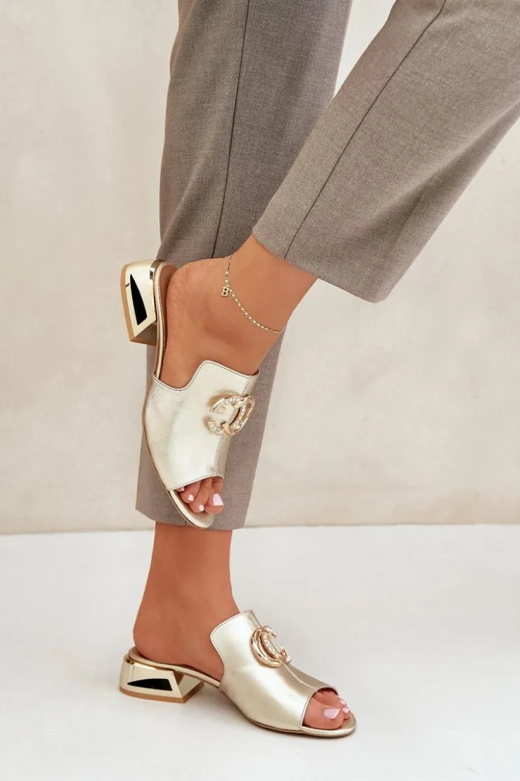 Damskie Laura Messi Skórzane Eleganckie Klapki Damskie Na Niskim Obcasie 2874 Złote