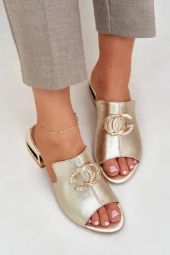 Damskie Laura Messi Skórzane Eleganckie Klapki Damskie Na Niskim Obcasie 2874 Złote