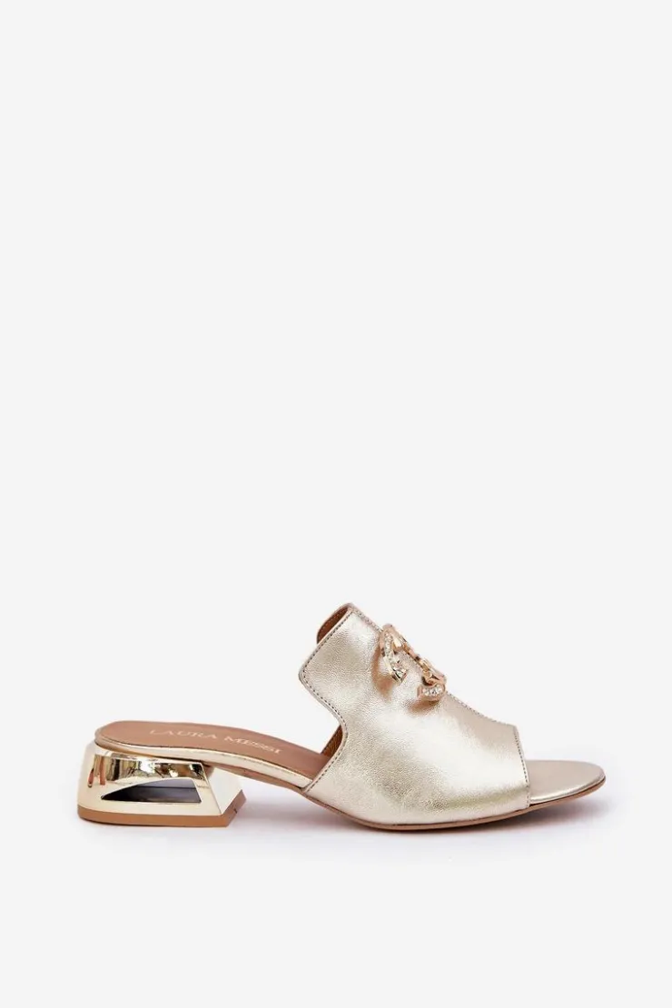 Damskie Laura Messi Skórzane Eleganckie Klapki Damskie Na Niskim Obcasie 2874 Złote