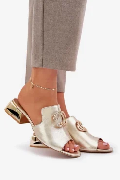 Damskie Laura Messi Skórzane Eleganckie Klapki Damskie Na Niskim Obcasie 2874 Złote