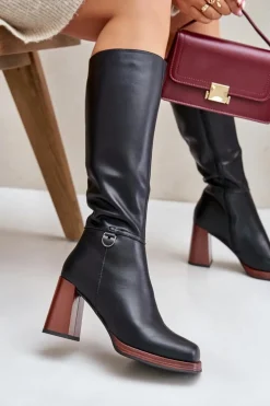 Damskie Damskie buty S.Barski Skórzane Eleganckie Kozaki Na Słupku Ocieplane D&A JC42-39 Czarne