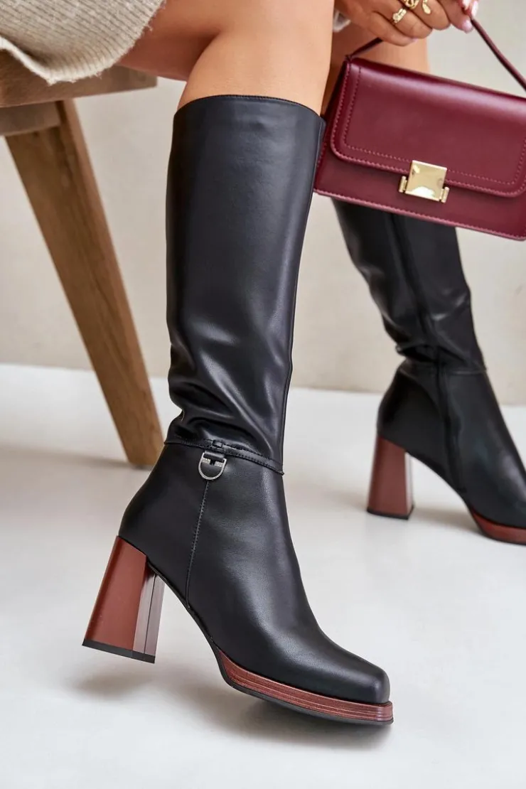 Damskie Damskie buty S.Barski Skórzane Eleganckie Kozaki Na Słupku Ocieplane D&A JC42-39 Czarne