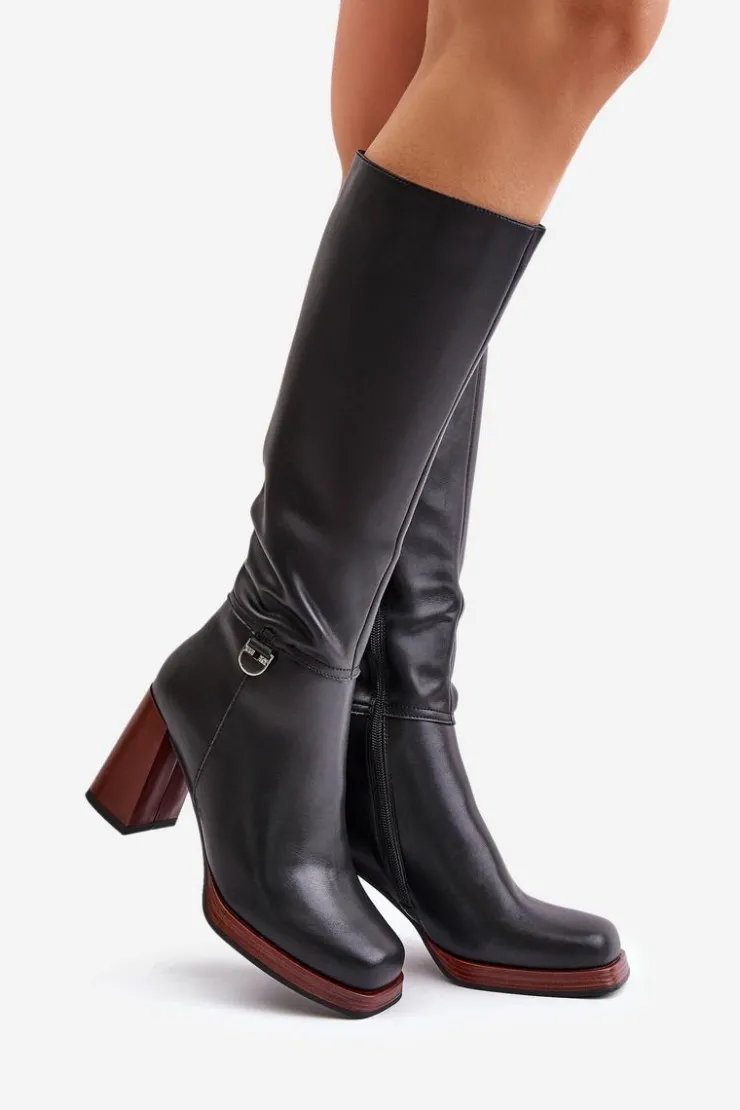 Damskie Damskie buty S.Barski Skórzane Eleganckie Kozaki Na Słupku Ocieplane D&A JC42-39 Czarne